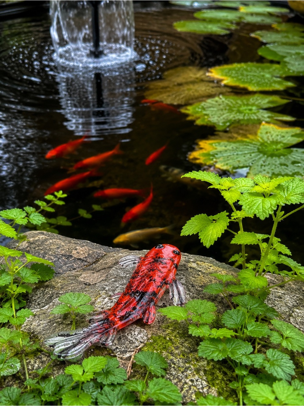 Artisan Fused Glass “Crimson Ember” Koi Garden Art Pond & Garden Sculpture
